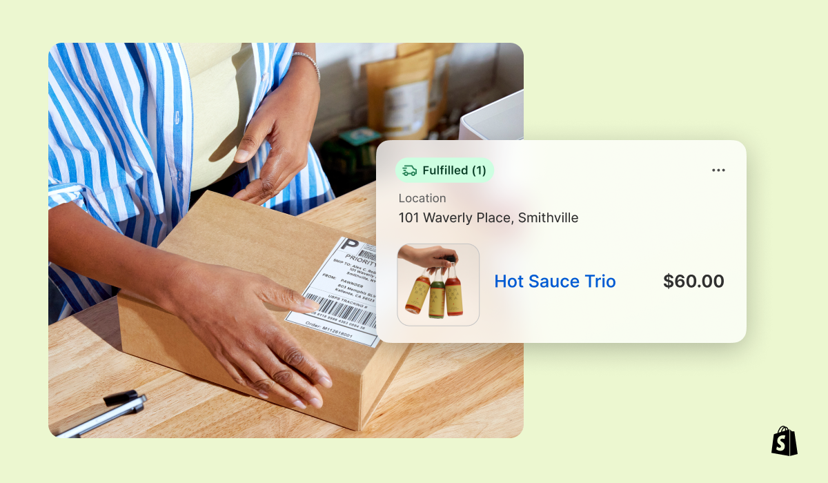 A seller packages hot sauce to send using Shopify Shipping